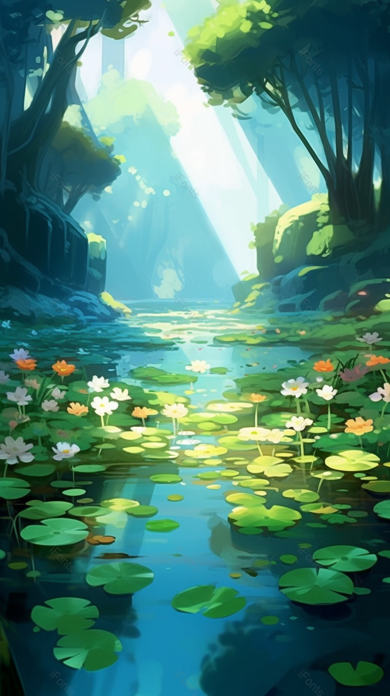 树林中绿色夏天池塘荷叶荷花插画背景,插画/手绘图,插画/手绘图库,插画/手绘图下载,插画/手绘